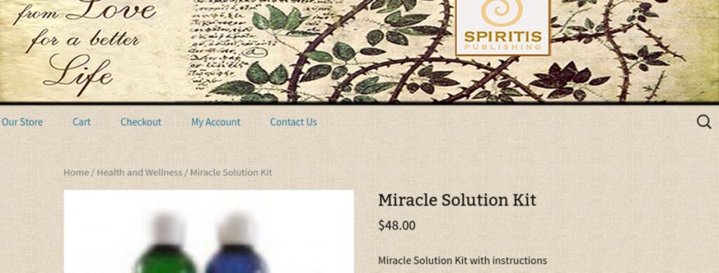 Bild: Ausschnitt aus dem online Shops von Spiritis Church mit dem Verkauf von „Miracle Solution“.