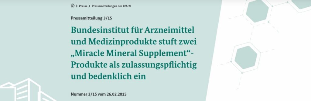 Screenshot. BfArM stufte zwei MMS-Produkte als zulassungspflichtig und bedenklich ein.